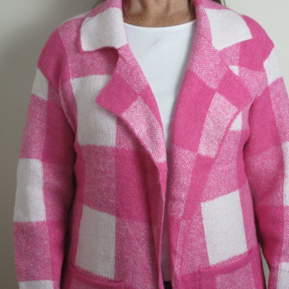 Women's Plaid Knit Coatigan Sweater Jacket Fuchsia Pink with Front Pockets NWT - Picture 3 of 8